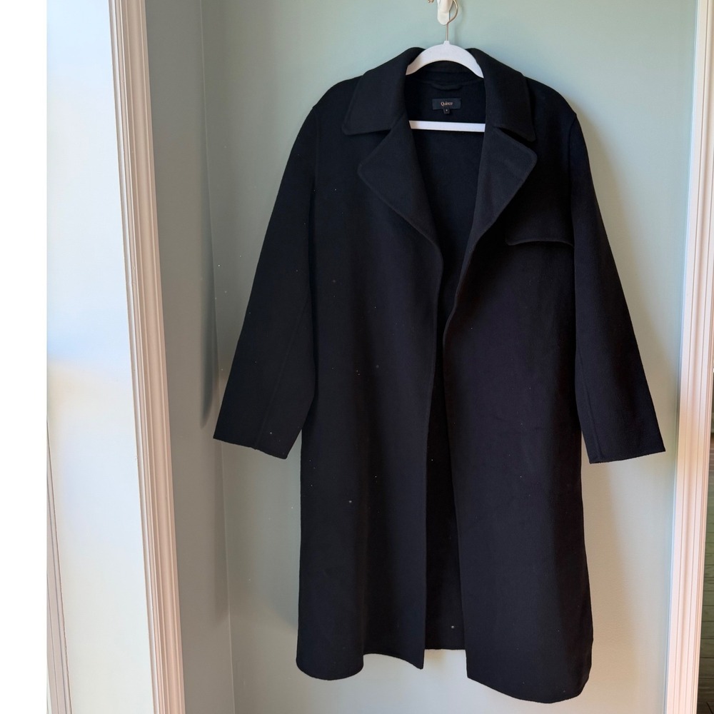 Quince Double Faced 100% Merino Wool Trench Coat Black Long Minimalist SZ Small